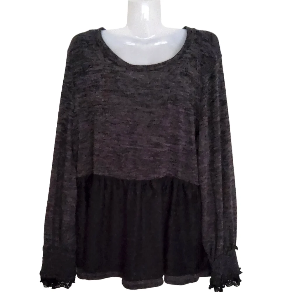 ANTHROPOLOGIE RO+DE Black/Gray Amirah Lace Long Smocked Cuff Sleeve Top XL - Picture 13 of 16